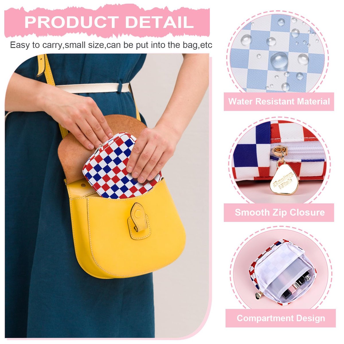 Desing Wish Period Bag - Damenhygiene Aufbewahrungstasche aus weichem Stoff, tragbare Menstruationsbinde-Tasche, Tamponhalter für die Handtasche, Erstes Perioden-Set für Mädchen 9-12 Jahre (Blau-Weiß Karo)