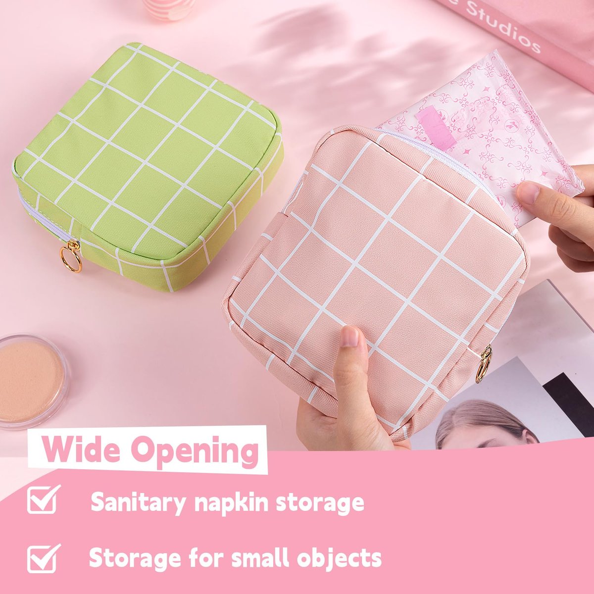 Desing Wish Period Bag - Damenhygiene Aufbewahrungstasche aus weichem Stoff, tragbare Menstruationsbinde-Tasche, Tamponhalter für die Handtasche, Erstes Perioden-Set für Mädchen 9-12 Jahre (Blau-Weiß Karo)