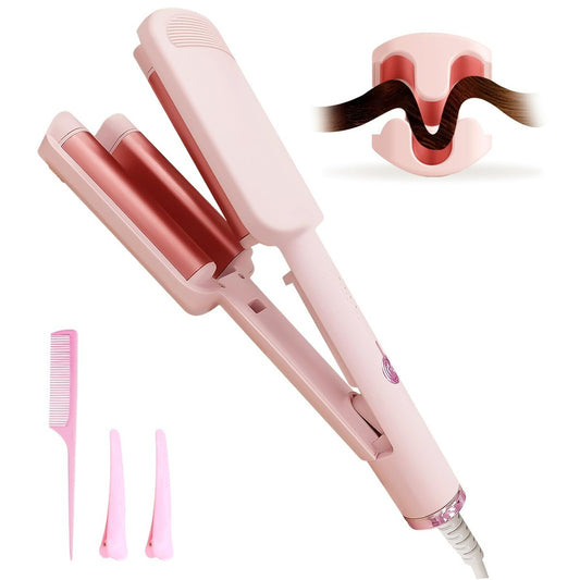 Deep Beach Waver & Locken-Eisen, Ionischer Wellenstab, Keramik 3-Fass-Lockenwickler für kurzes Haar, Frauen (Pink)