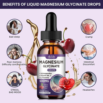 Dilib Magnesium Glycinat Flüssig 500mg mit Vitamin B6, Ashwagandha, L-Theanin, Kamille – Hochdosiertes Magnesiumpräparat für Schlaf, Stress, Energie, Stimmung – Kirschgeschmack – 60 ml
