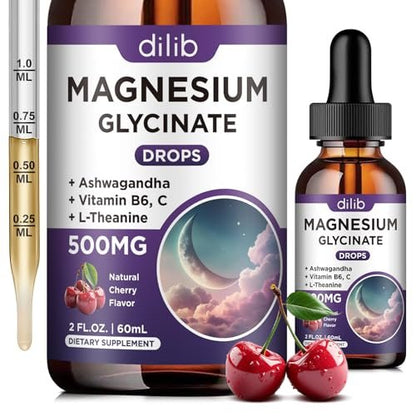 Dilib Magnesium Glycinat Flüssig 500mg mit Vitamin B6, Ashwagandha, L-Theanin, Kamille – Hochdosiertes Magnesiumpräparat für Schlaf, Stress, Energie, Stimmung – Kirschgeschmack – 60 ml