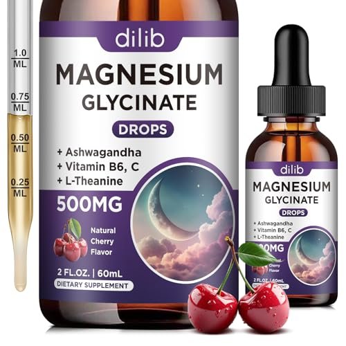Dilib Magnesium Glycinat Flüssig 500mg mit Vitamin B6, Ashwagandha, L-Theanin, Kamille – Hochdosiertes Magnesiumpräparat für Schlaf, Stress, Energie, Stimmung – Kirschgeschmack – 60 ml