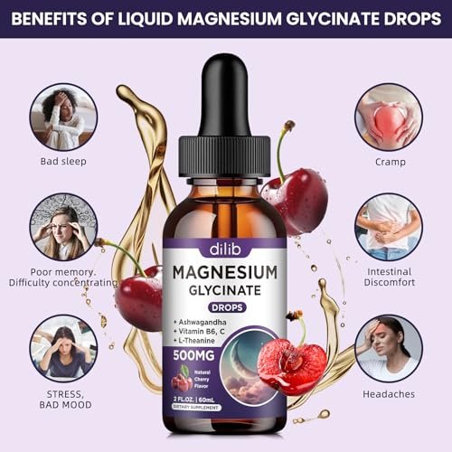 Dilib Magnesium Glycinat Flüssig 500mg mit Vitamin B6, Ashwagandha, L-Theanin, Kamille – Hochdosiertes Magnesiumpräparat für Schlaf, Stress, Energie, Stimmung – Kirschgeschmack – 60 ml