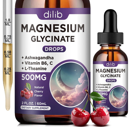 Dilib Magnesium Glycinat Flüssig 500mg mit Vitamin B6, Ashwagandha, L-Theanin, Kamille – Hochdosiertes Magnesiumpräparat für Schlaf, Stress, Energie, Stimmung – Kirschgeschmack – 60 ml