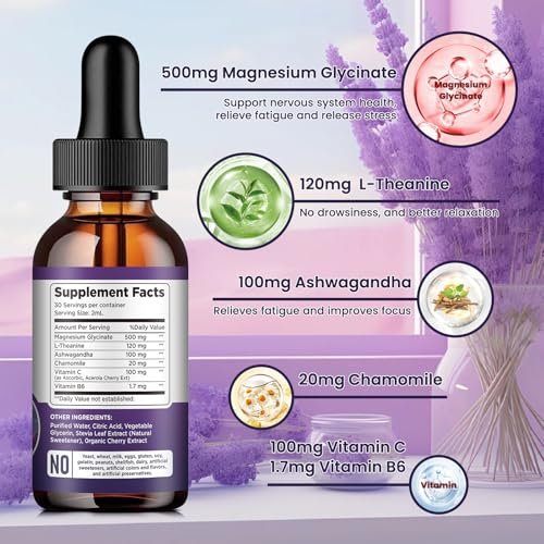 Dilib Magnesium Glycinat Flüssig 500mg mit Vitamin B6, Ashwagandha, L-Theanin, Kamille – Hochdosiertes Magnesiumpräparat für Schlaf, Stress, Energie, Stimmung – Kirschgeschmack – 60 ml