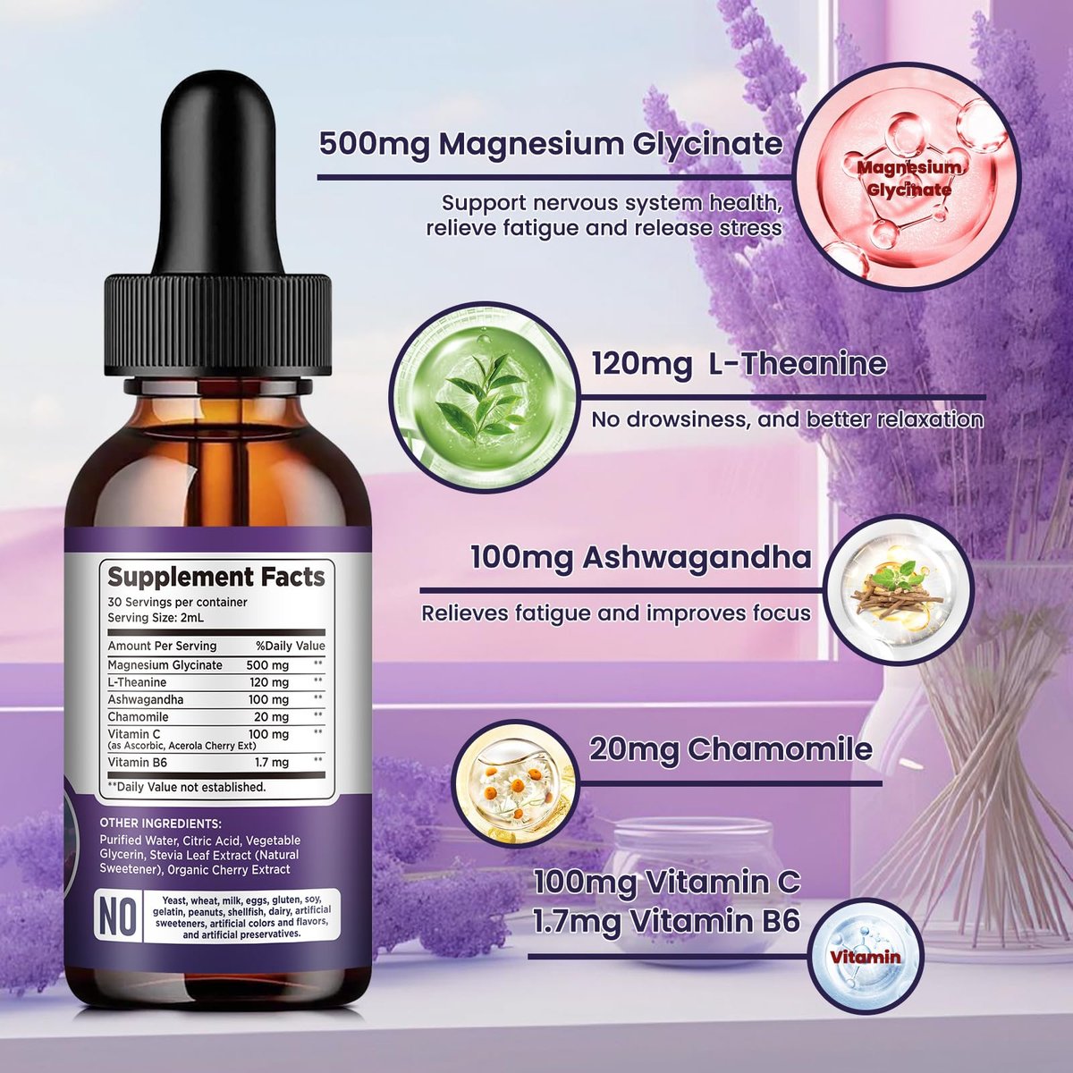 Dilib Magnesium Glycinat Flüssig 500mg mit Vitamin B6, Ashwagandha, L-Theanin, Kamille – Hochdosiertes Magnesiumpräparat für Schlaf, Stress, Energie, Stimmung – Kirschgeschmack – 60 ml