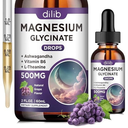 Dilib Magnesium Glycinat Flüssige Tropfen 500mg mit Vitamin B6, Ashwagandha, L-Theanin, Kamille – Hochdosiertes Magnesiumpräparat für Schlaf, Stress, Energie & Stimmung – Traubengeschmack, 60 ml