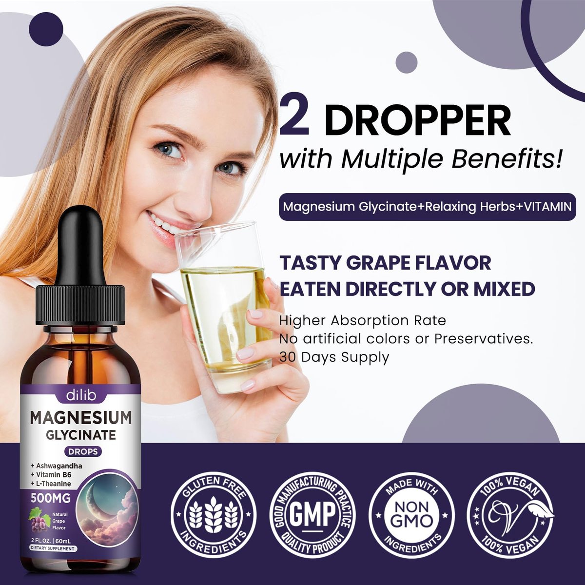 Dilib Magnesium Glycinat Flüssige Tropfen 500mg mit Vitamin B6, Ashwagandha, L-Theanin, Kamille – Hochdosiertes Magnesiumpräparat für Schlaf, Stress, Energie & Stimmung – Traubengeschmack, 60 ml