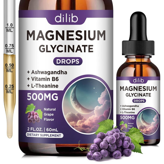 Dilib Magnesium Glycinat Flüssige Tropfen 500mg mit Vitamin B6, Ashwagandha, L-Theanin, Kamille – Hochdosiertes Magnesiumpräparat für Schlaf, Stress, Energie & Stimmung – Traubengeschmack, 60 ml