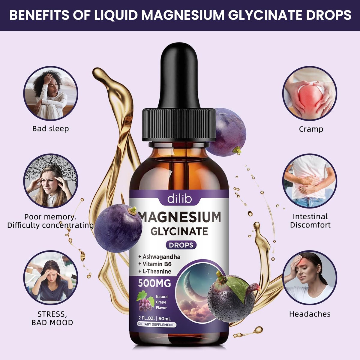 Dilib Magnesium Glycinat Flüssige Tropfen 500mg mit Vitamin B6, Ashwagandha, L-Theanin, Kamille – Hochdosiertes Magnesiumpräparat für Schlaf, Stress, Energie & Stimmung – Traubengeschmack, 60 ml