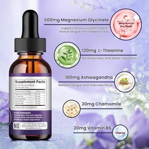 Dilib Magnesium Glycinat Flüssige Tropfen 500mg mit Vitamin B6, Ashwagandha, L-Theanin, Kamille – Hochdosiertes Magnesiumpräparat für Schlaf, Stress, Energie & Stimmung – Traubengeschmack, 60 ml