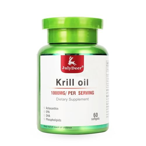 JulyDeer Antarktischer Krillöl 1000 mg mit Omega-3 EPA, DHA, Astaxanthin und Phospholipiden – 60 Softgels, ohne Fischgeschmack, für Gelenke, Herz, Gehirn und Immunsystem