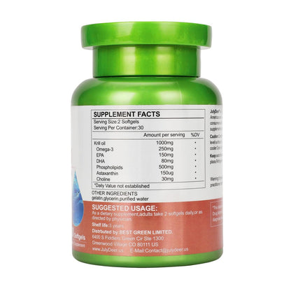 JulyDeer Antarktischer Krillöl 1000 mg mit Omega-3 EPA, DHA, Astaxanthin und Phospholipiden – 60 Softgels, ohne Fischgeschmack, für Gelenke, Herz, Gehirn und Immunsystem