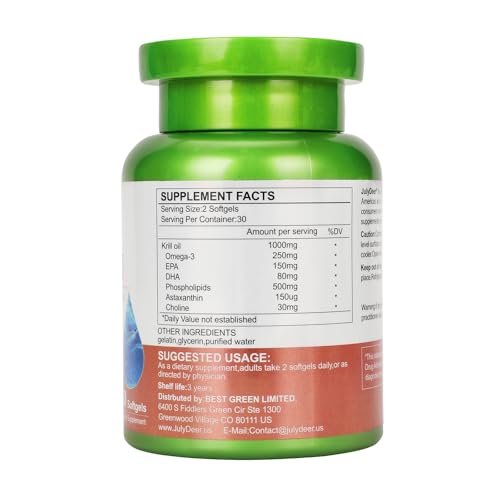 JulyDeer Antarktischer Krillöl 1000 mg mit Omega-3 EPA, DHA, Astaxanthin und Phospholipiden – 60 Softgels, ohne Fischgeschmack, für Gelenke, Herz, Gehirn und Immunsystem