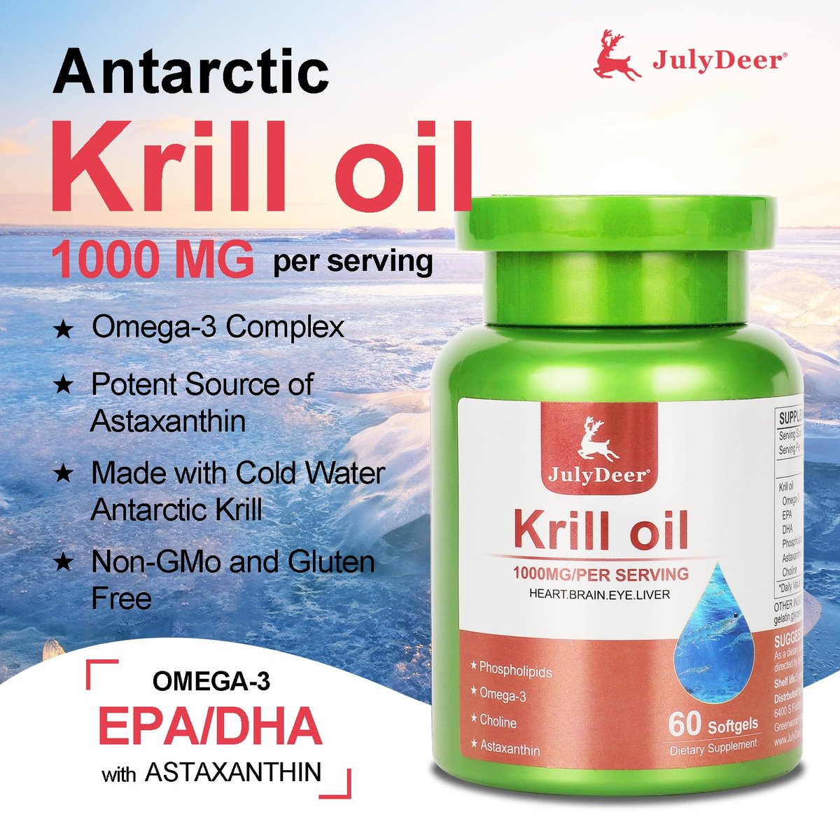 JulyDeer Antarktischer Krillöl 1000 mg mit Omega-3 EPA, DHA, Astaxanthin und Phospholipiden – 60 Softgels, ohne Fischgeschmack, für Gelenke, Herz, Gehirn und Immunsystem