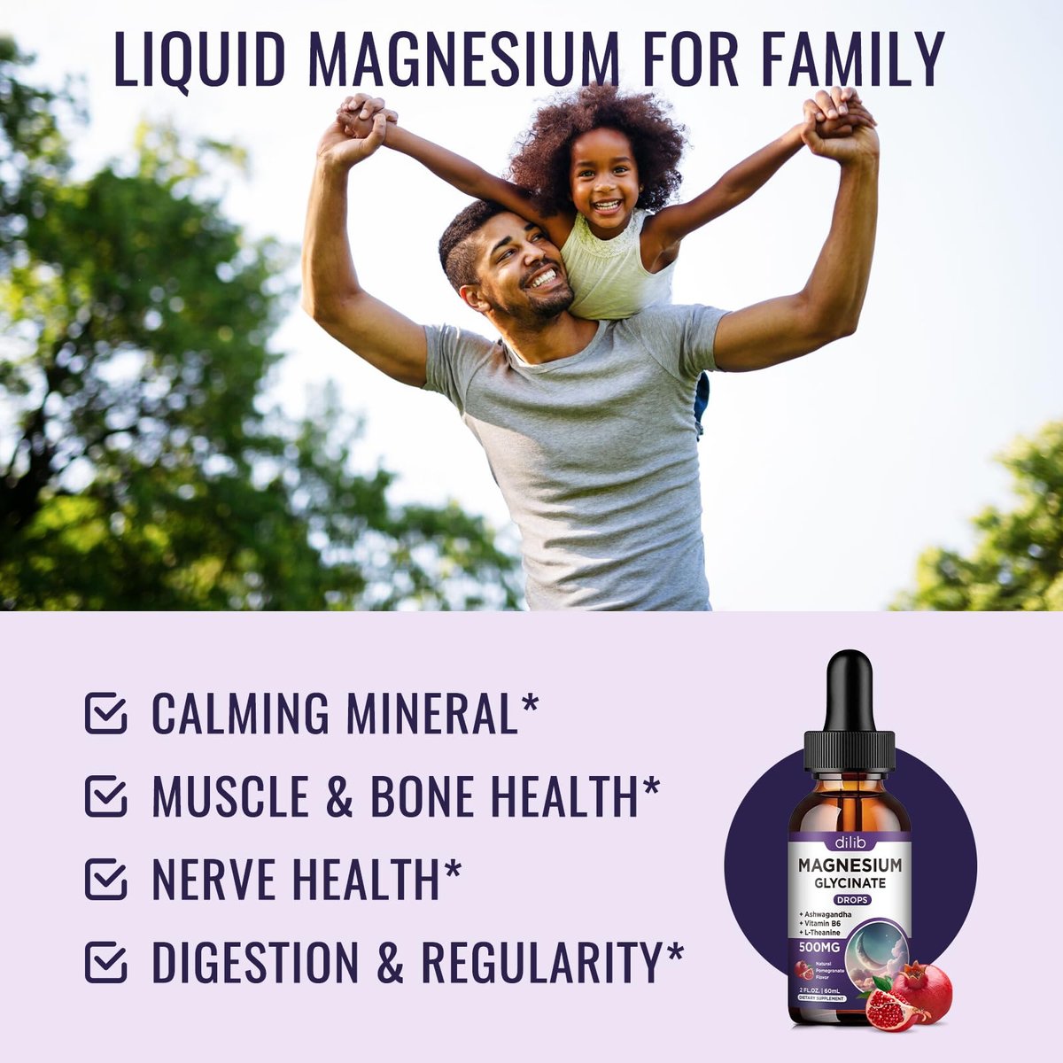 Dilib Magnesium Glycinate Liquid Drops 500 mg – mit Vitamin B6, Ashwagandha, L-Theanin, Kamille – Hoch bioverfügbar für Schlaf, Stress, Energie, Stimmung – Pomegranate Geschmack
