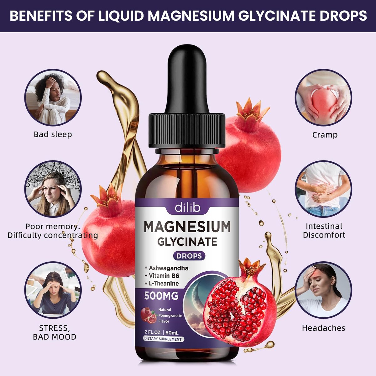 Dilib Magnesium Glycinate Liquid Drops 500 mg – mit Vitamin B6, Ashwagandha, L-Theanin, Kamille – Hoch bioverfügbar für Schlaf, Stress, Energie, Stimmung – Pomegranate Geschmack