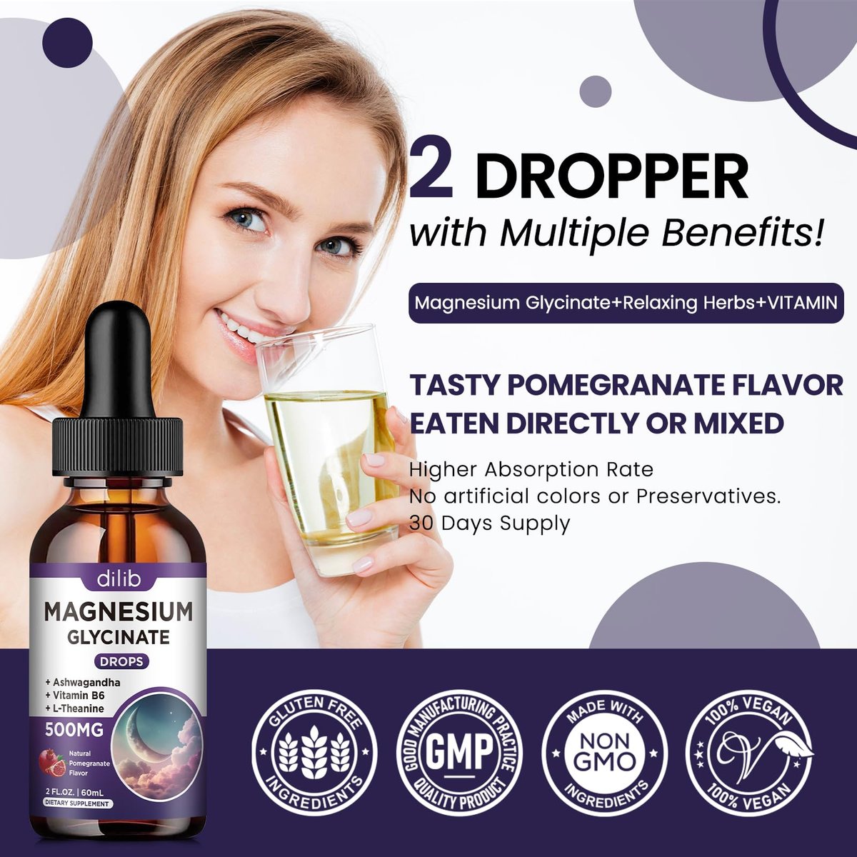 Dilib Magnesium Glycinate Liquid Drops 500 mg – mit Vitamin B6, Ashwagandha, L-Theanin, Kamille – Hoch bioverfügbar für Schlaf, Stress, Energie, Stimmung – Pomegranate Geschmack