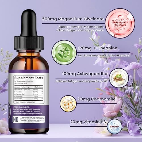 Dilib Magnesium Glycinate Liquid Drops 500 mg – mit Vitamin B6, Ashwagandha, L-Theanin, Kamille – Hoch bioverfügbar für Schlaf, Stress, Energie, Stimmung – Pomegranate Geschmack