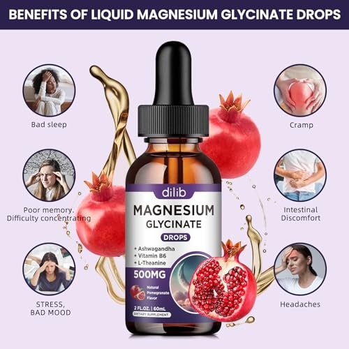 Dilib Magnesium Glycinate Liquid Drops 500 mg – mit Vitamin B6, Ashwagandha, L-Theanin, Kamille – Hoch bioverfügbar für Schlaf, Stress, Energie, Stimmung – Pomegranate Geschmack