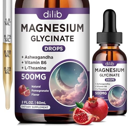 Dilib Magnesium Glycinate Liquid Drops 500 mg – mit Vitamin B6, Ashwagandha, L-Theanin, Kamille – Hoch bioverfügbar für Schlaf, Stress, Energie, Stimmung – Pomegranate Geschmack