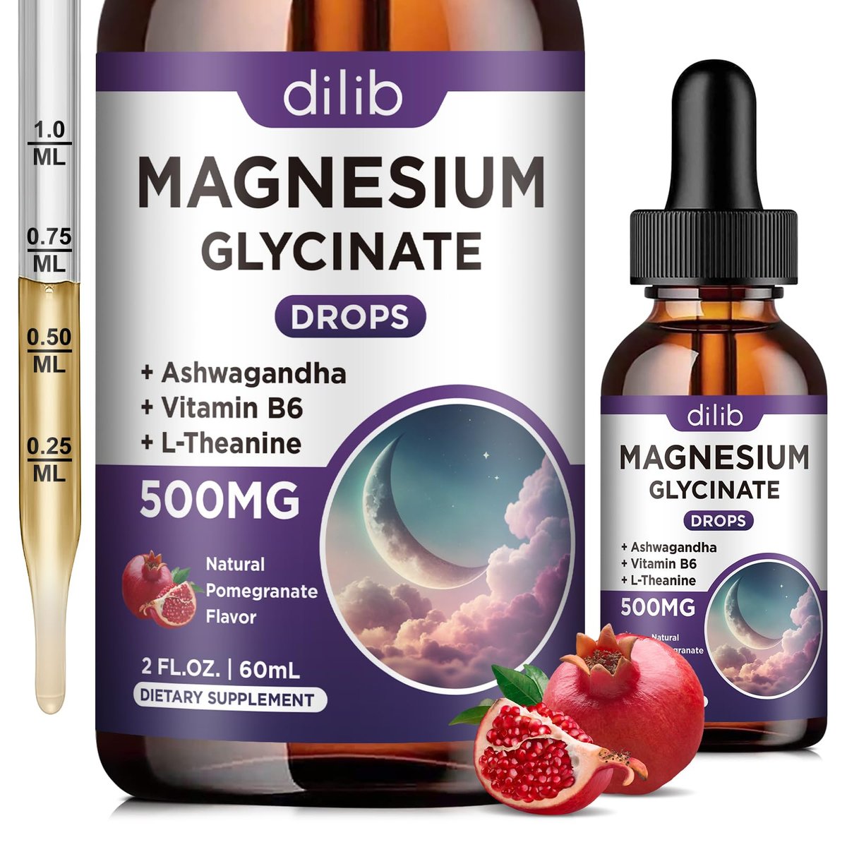 Dilib Magnesium Glycinate Liquid Drops 500 mg – mit Vitamin B6, Ashwagandha, L-Theanin, Kamille – Hoch bioverfügbar für Schlaf, Stress, Energie, Stimmung – Pomegranate Geschmack