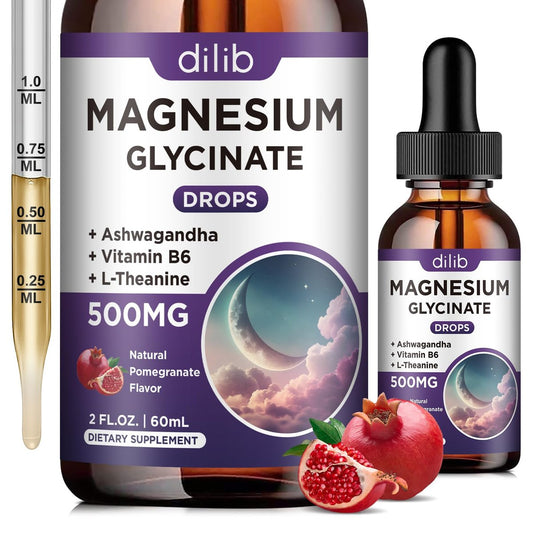 Dilib Magnesium Glycinate Liquid Drops 500 mg – mit Vitamin B6, Ashwagandha, L-Theanin, Kamille – Hoch bioverfügbar für Schlaf, Stress, Energie, Stimmung – Pomegranate Geschmack