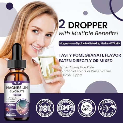 Dilib Magnesium Glycinate Liquid Drops 500 mg – mit Vitamin B6, Ashwagandha, L-Theanin, Kamille – Hoch bioverfügbar für Schlaf, Stress, Energie, Stimmung – Pomegranate Geschmack