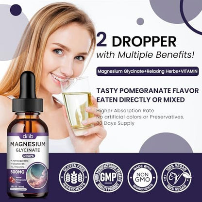 Dilib Magnesium Glycinate Liquid Drops 500 mg – mit Vitamin B6, Ashwagandha, L-Theanin, Kamille – Hoch bioverfügbar für Schlaf, Stress, Energie, Stimmung – Pomegranate Geschmack