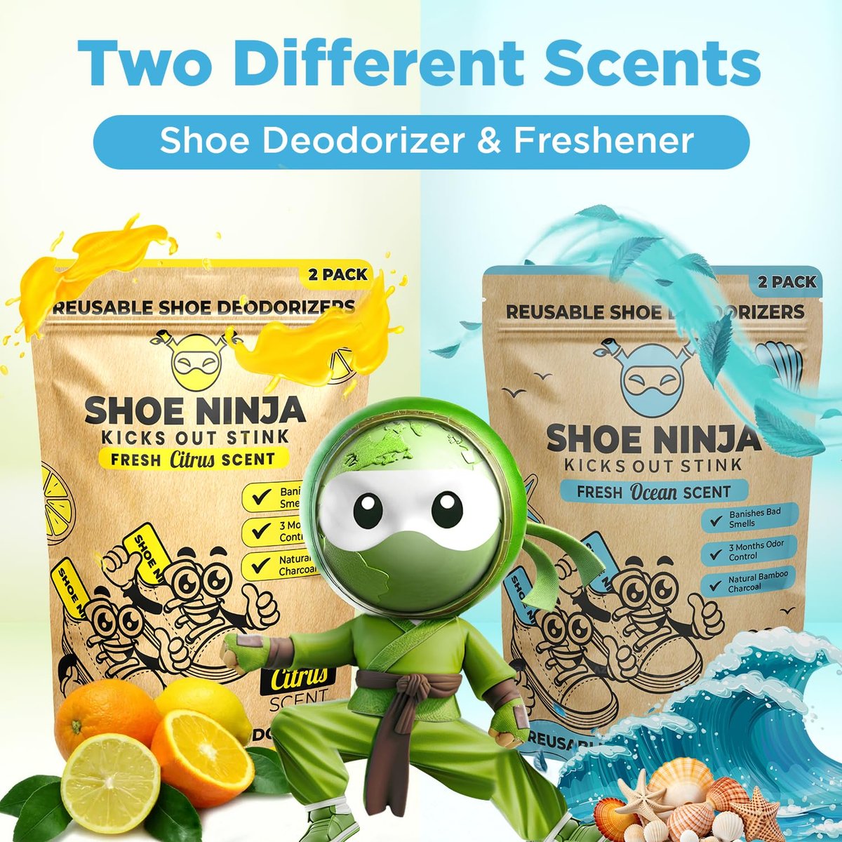 Shoe Ninja Schuhdeodorierer – Geruchsentfernung mit Aktivkohle, wiederverwendbar, ideal für Sport – 1 Packung (2 Stück)