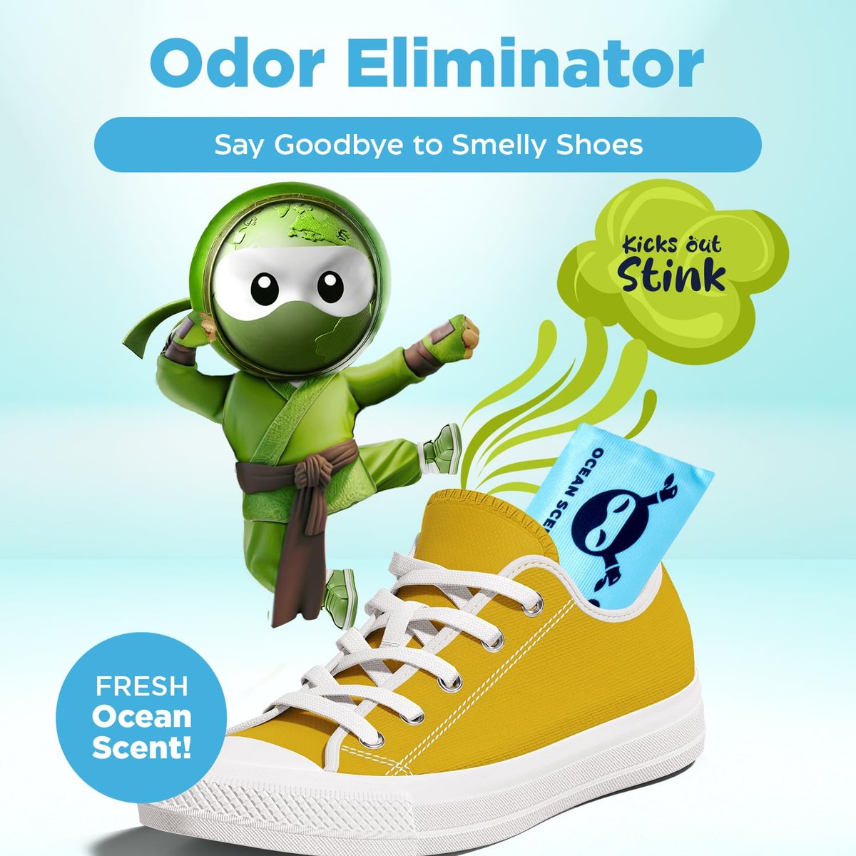 Shoe Ninja Schuhdeodorierer – Geruchsentfernung mit Aktivkohle, wiederverwendbar, ideal für Sport – 1 Packung (2 Stück)