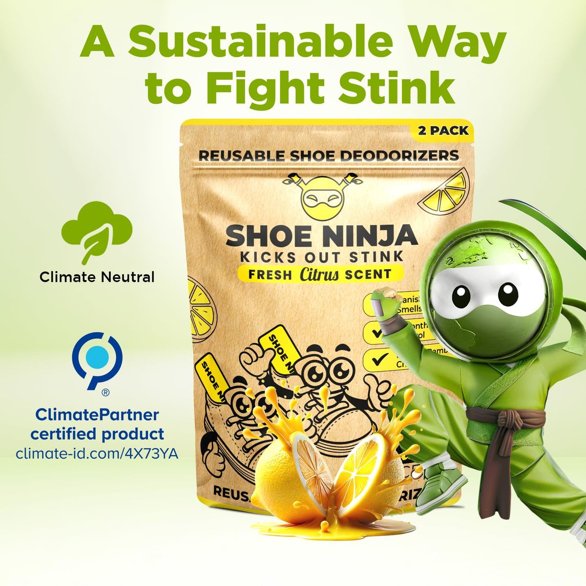 Shoe Ninja Schuhdeo – Aktivkohle Schuhdeodorizer, wiederverwendbarer Geruchsentferner für Schuhe, Boxhandschuhe & Sportsachen – 1 Packung mit 2 Stück