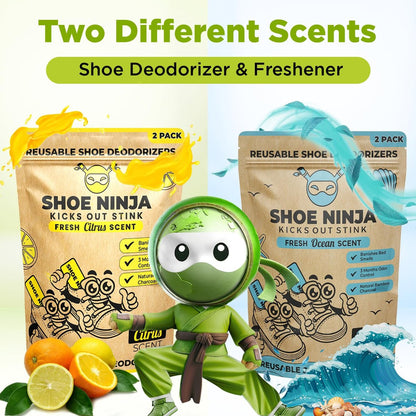 Shoe Ninja Schuhdeo – Aktivkohle Schuhdeodorizer, wiederverwendbarer Geruchsentferner für Schuhe, Boxhandschuhe & Sportsachen – 1 Packung mit 2 Stück