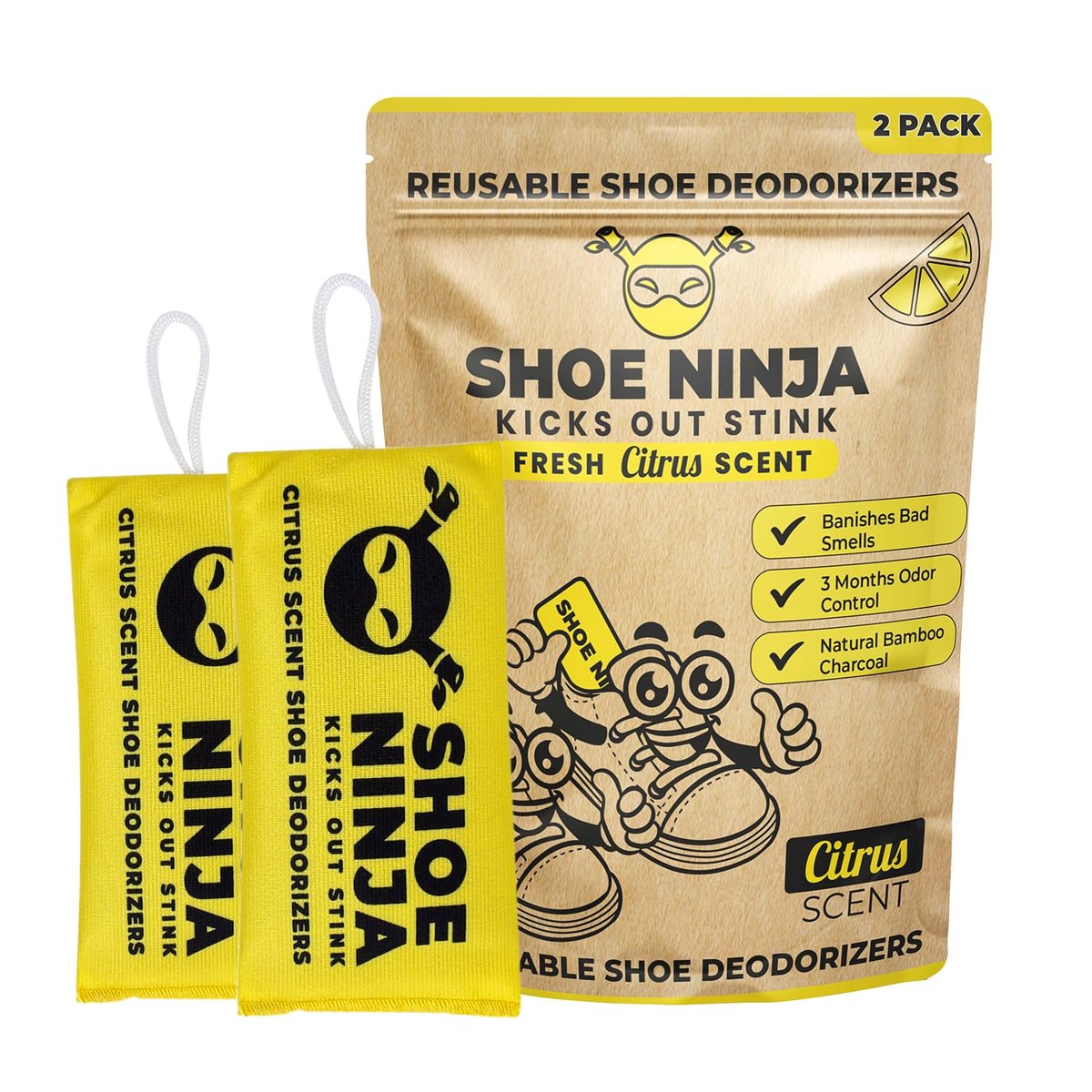Shoe Ninja Schuhdeo – Aktivkohle Schuhdeodorizer, wiederverwendbarer Geruchsentferner für Schuhe, Boxhandschuhe & Sportsachen – 1 Packung mit 2 Stück