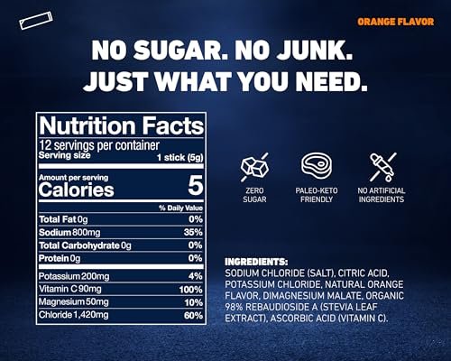 Salty Orange Elektrolyt-Päckchen | HSA FSA | 800 mg Natrium | Stevia-gesüßt & zuckerfreies Elektrolytpulver | Hydration für Schweiß-Wiederherstellung, Fasten, POTS | Ergibt 32 Fl Oz (Packung mit 12)