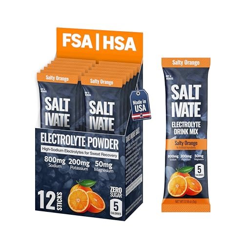 Salty Orange Elektrolyt-Päckchen | HSA FSA | 800 mg Natrium | Stevia-gesüßt & zuckerfreies Elektrolytpulver | Hydration für Schweiß-Wiederherstellung, Fasten, POTS | Ergibt 32 Fl Oz (Packung mit 12)