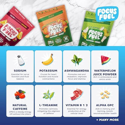 FocusFuel Energy Chews – Probierpaket mit 9 Portionen (3 Geschmacksrichtungen) – 100 mg Koffein + Alpha GPC + L-Theanin + B12, Magnesium – Kein Crash oder Zittern