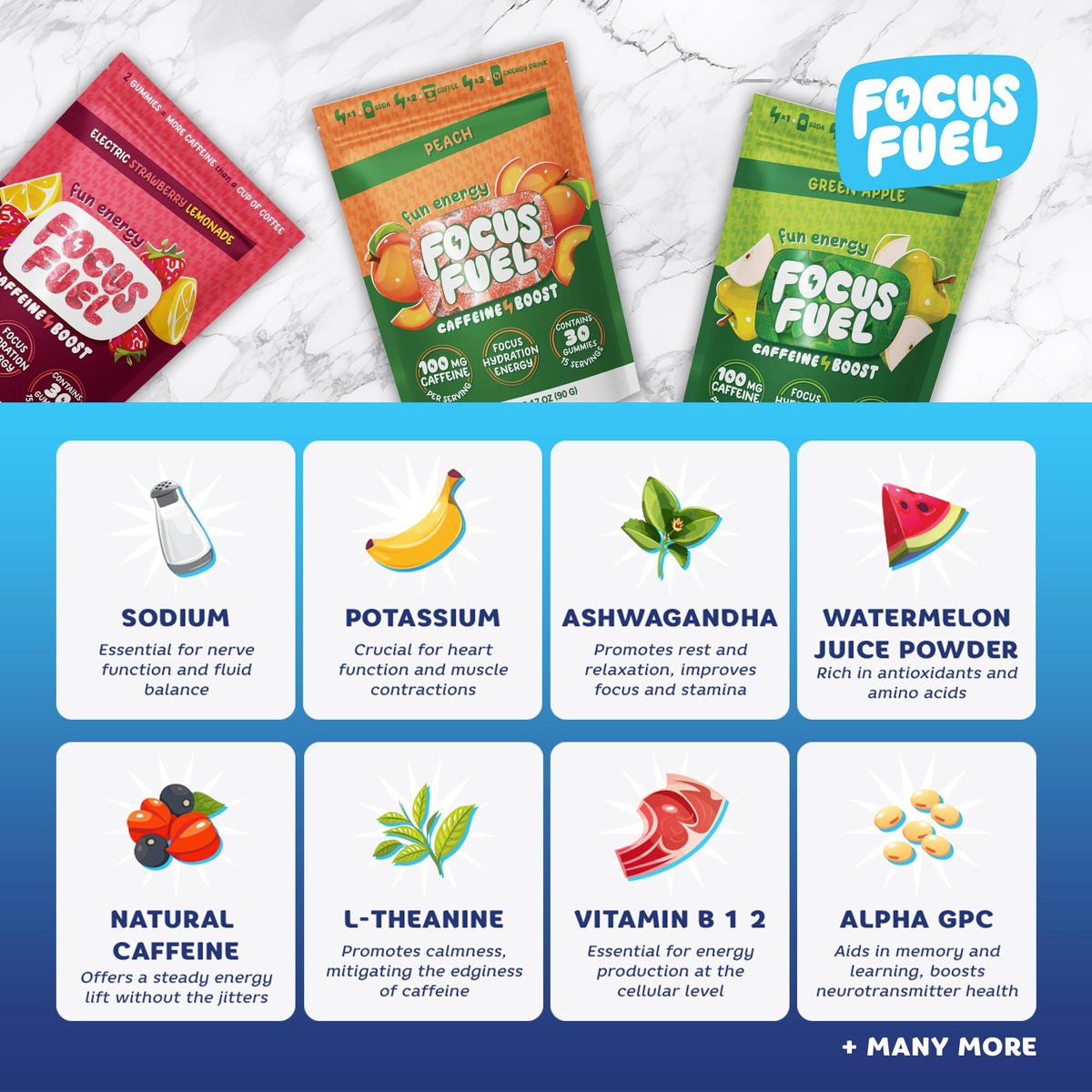 FocusFuel Energy Chews – Probierpaket mit 9 Portionen (3 Geschmacksrichtungen) – 100 mg Koffein + Alpha GPC + L-Theanin + B12, Magnesium – Kein Crash oder Zittern