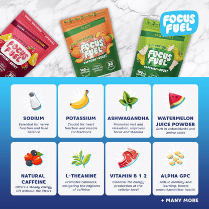 FocusFuel Energy Chews – Probierpaket mit 9 Portionen (3 Geschmacksrichtungen) – 100 mg Koffein + Alpha GPC + L-Theanin + B12, Magnesium – Kein Crash oder Zittern
