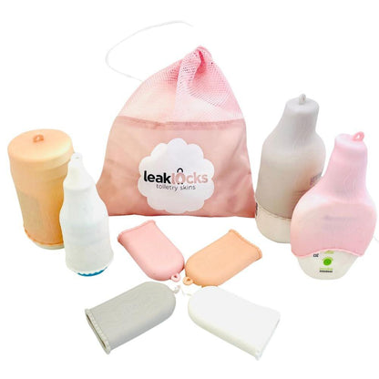 LeakLocks® Toiletry Skins 4er-Pack mit Reisetasche – Auslaufsichere elastische Hüllen für Reisebehälter im Koffer – Passend für Standard- und Reisegrößen – Wiederverwendbares Zubehör für Reisetasche/Handgepäck