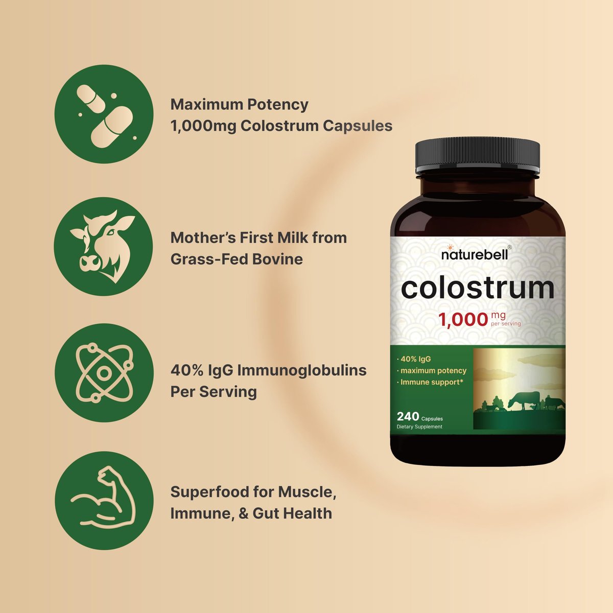 NatureBell Rinderkolostrum Supplement 1.000 mg pro Portion, 240 Kapseln | 40 % IgG Kolostrumpulver für Darmgesundheit, Blähungen, Haut, Haare und Immununterstützung – Nicht-GVO