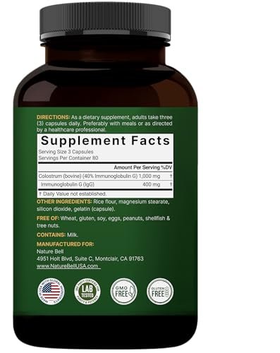 NatureBell Rinderkolostrum Supplement 1.000 mg pro Portion, 240 Kapseln | 40 % IgG Kolostrumpulver für Darmgesundheit, Blähungen, Haut, Haare und Immununterstützung – Nicht-GVO