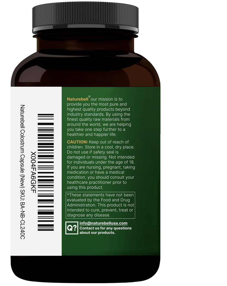 NatureBell Rinderkolostrum Supplement 1.000 mg pro Portion, 240 Kapseln | 40 % IgG Kolostrumpulver für Darmgesundheit, Blähungen, Haut, Haare und Immununterstützung – Nicht-GVO