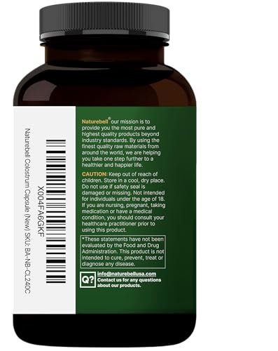 NatureBell Rinderkolostrum Supplement 1.000 mg pro Portion, 240 Kapseln | 40 % IgG Kolostrumpulver für Darmgesundheit, Blähungen, Haut, Haare und Immununterstützung – Nicht-GVO
