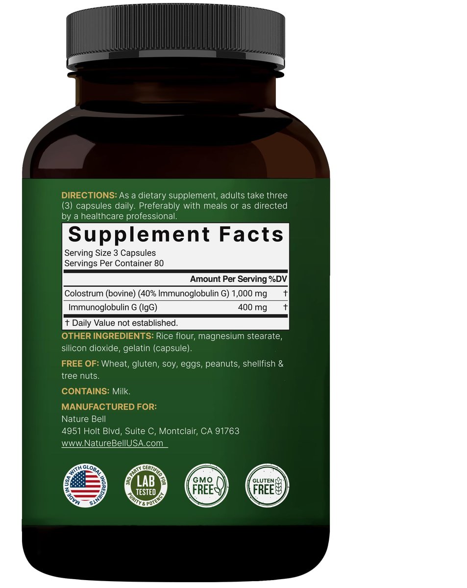 NatureBell Rinderkolostrum Supplement 1.000 mg pro Portion, 240 Kapseln | 40 % IgG Kolostrumpulver für Darmgesundheit, Blähungen, Haut, Haare und Immununterstützung – Nicht-GVO