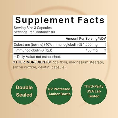 NatureBell Rinderkolostrum Supplement 1.000 mg pro Portion, 240 Kapseln | 40 % IgG Kolostrumpulver für Darmgesundheit, Blähungen, Haut, Haare und Immununterstützung – Nicht-GVO