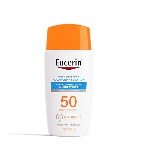 Eucerin Sun Advanced Hydration Ultra-Leichte Gesichts-Sonnenschutzcreme LSF 50 mit Hyaluronsäure & Feuchthaltemitteln, Feuchtigkeitsspendender Sonnenschutz für das Gesicht, Nicht komedogen und hypoallergen, 1,7 Fl Oz Flasche