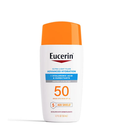 Eucerin Sun Advanced Hydration Ultra-Leichte Gesichts-Sonnenschutzcreme LSF 50 mit Hyaluronsäure & Feuchthaltemitteln, Feuchtigkeitsspendender Sonnenschutz für das Gesicht, Nicht komedogen und hypoallergen, 1,7 Fl Oz Flasche