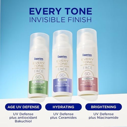 Coppertone Every Tone Invisible Finish Brightening UV Defense Gesichtssonnencreme SPF 60+ mit Niacinamid, Leicht, Klare Sonnencreme für alle Hauttöne, 1,7 Fl Oz Pumpflasche
