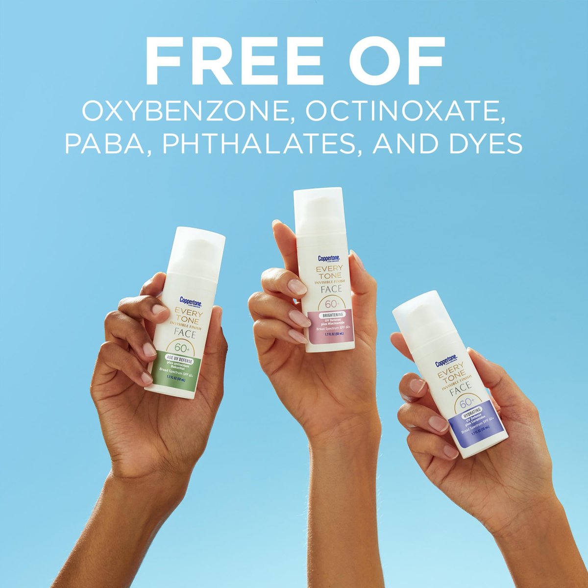 Coppertone Every Tone Invisible Finish Brightening UV Defense Gesichtssonnencreme SPF 60+ mit Niacinamid, Leicht, Klare Sonnencreme für alle Hauttöne, 1,7 Fl Oz Pumpflasche